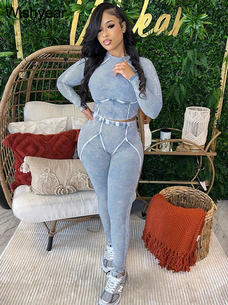 Fitness Blue Knitted Ribbed Street Jogging Tracksuits Women\'s Long Sleeve Crop Tops and Pants Two 2 Piece Sets Birthday Outfits