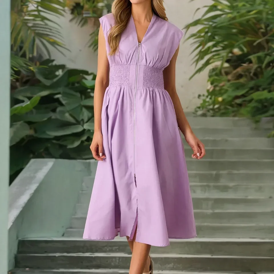 Robe d'été plissée sans manches pour femmes, fermeture éclair sur le devant, avec poches, ligne A, grand ourlet, robe de vacances Y2k