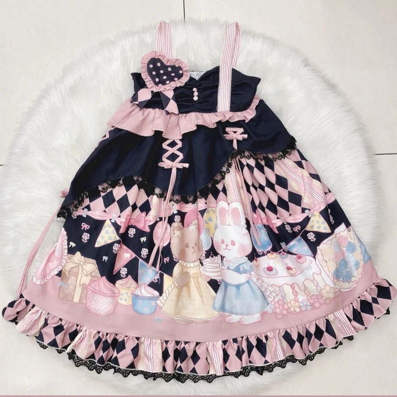 Victorian Gothic Lolita Jsk Dress Women Kawaii Cartoon Bunnry Plaid Print Birthday Party Dresses Girls Sweet Cute Princess Dress