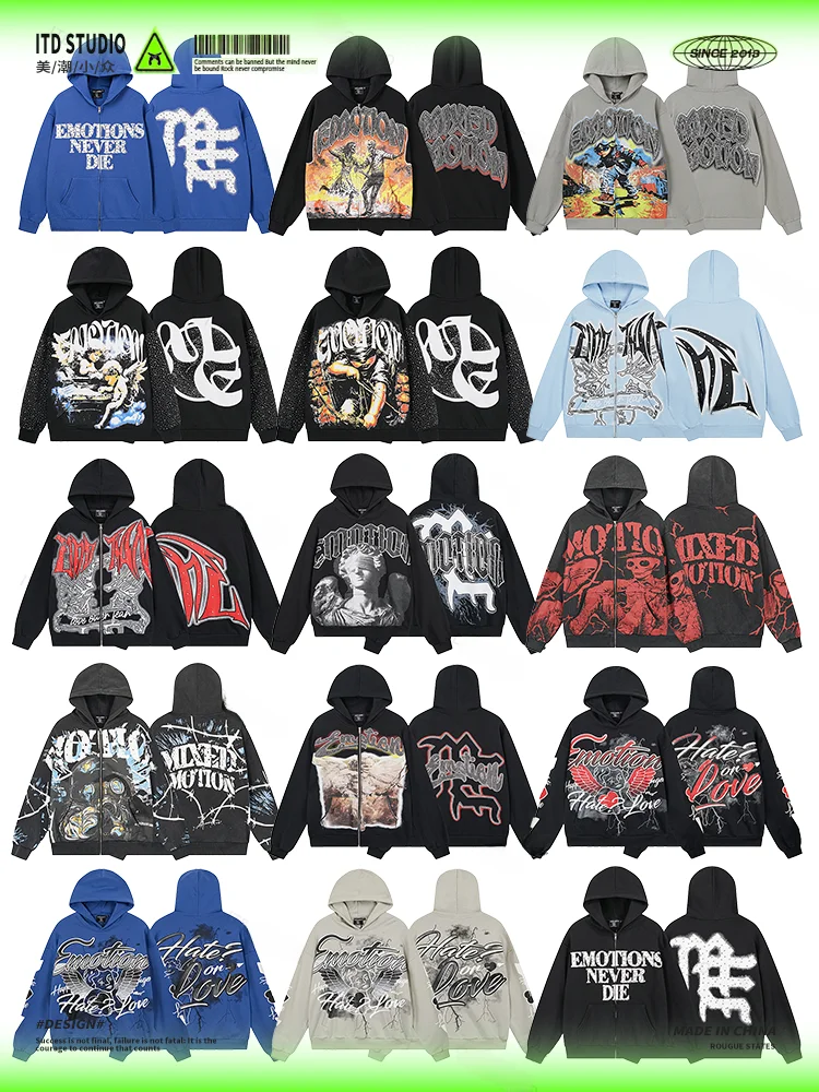 

Mixed Emotion Street Style Glitter Print Hoodie High Street Casual Cotton Sweatshirt Unisex Long Sleeve Skull Design Zipper C...
