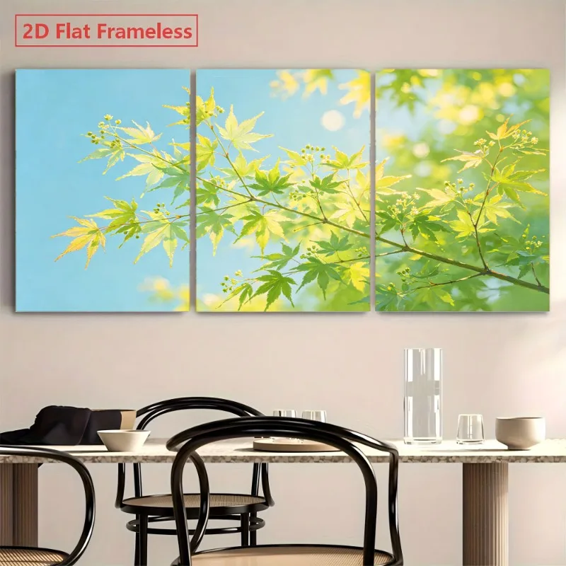 2D Flat, 2D Flat 3pcs 2D Flat Unframed Canvas Wall Art: Vibrant Green Maple Leaves Against Blue Sky, Modern Nature Decor for