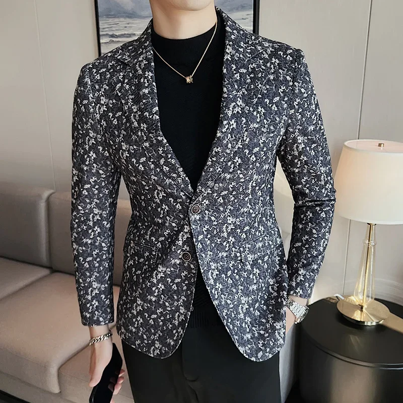 High Quality Floral Print Suit Jacket for Men Single Buckle Slim Fit Casual Business Blazers Office Social Wedding Costume Homme