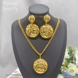 Luxury Big Drop Round Pendant with Chain Dubai 18K Gold Plated Jewelry Set Women Necklace Earrings Bridal Party Wedding Gifts