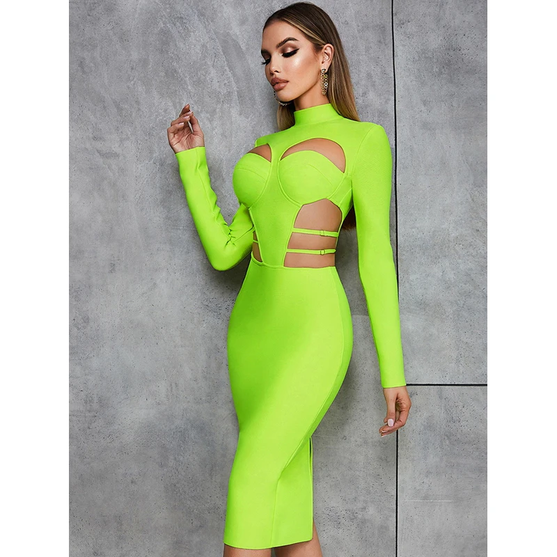 MSMUSI 2024 New Fashion Women Sexy Solid Hollow Out Long Sleeve Backless Bandage Bodycon Party Club Slim Midi Dress Vestidos