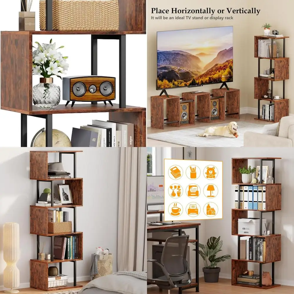 

Modern 6-Tier S-Curved Wooden Bookshelf with Metal Dividers, Rustic Brown Accents for Home and Office