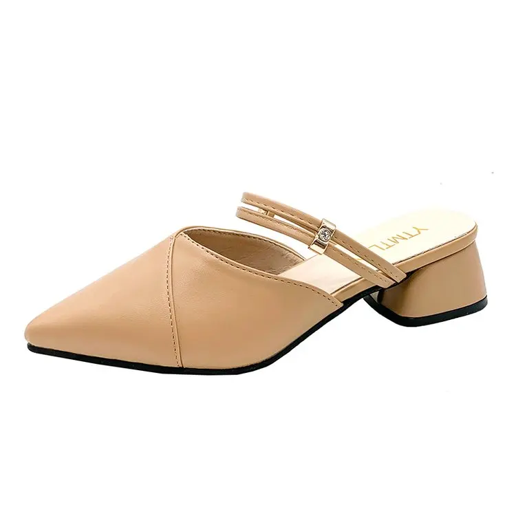 2023 Party Women Mules Slipper Pointed Toe Block Strap Closed Shallow High Heels Shoes Sandals Black Beige Square heel Pumps