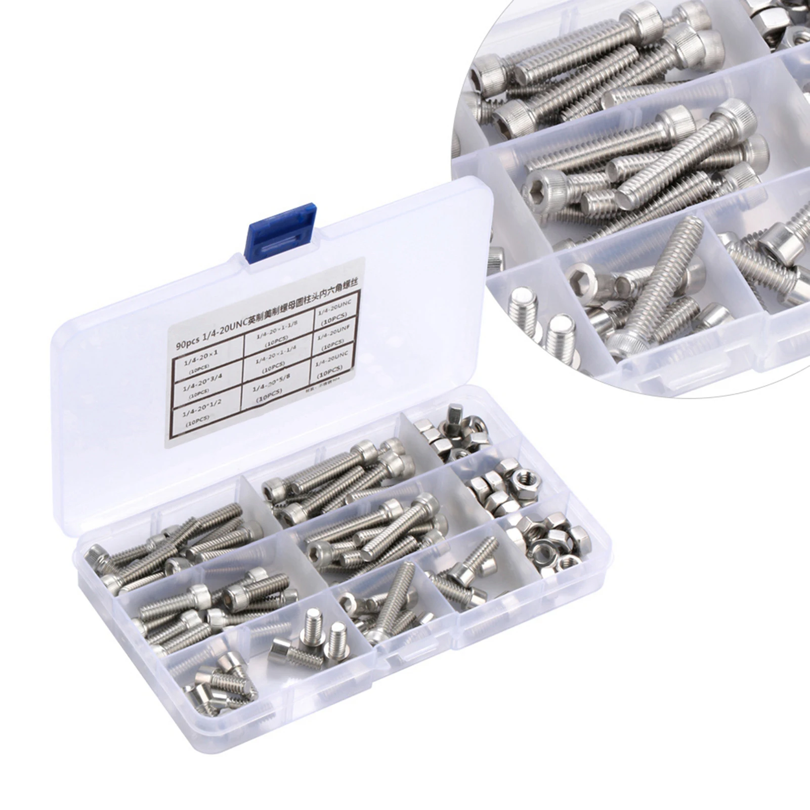 90 Uds 1/4-20UNC pernos de cabeza hexagonal de acero inoxidable Kit surtido de tornillos hexagonales tornillos de cabeza