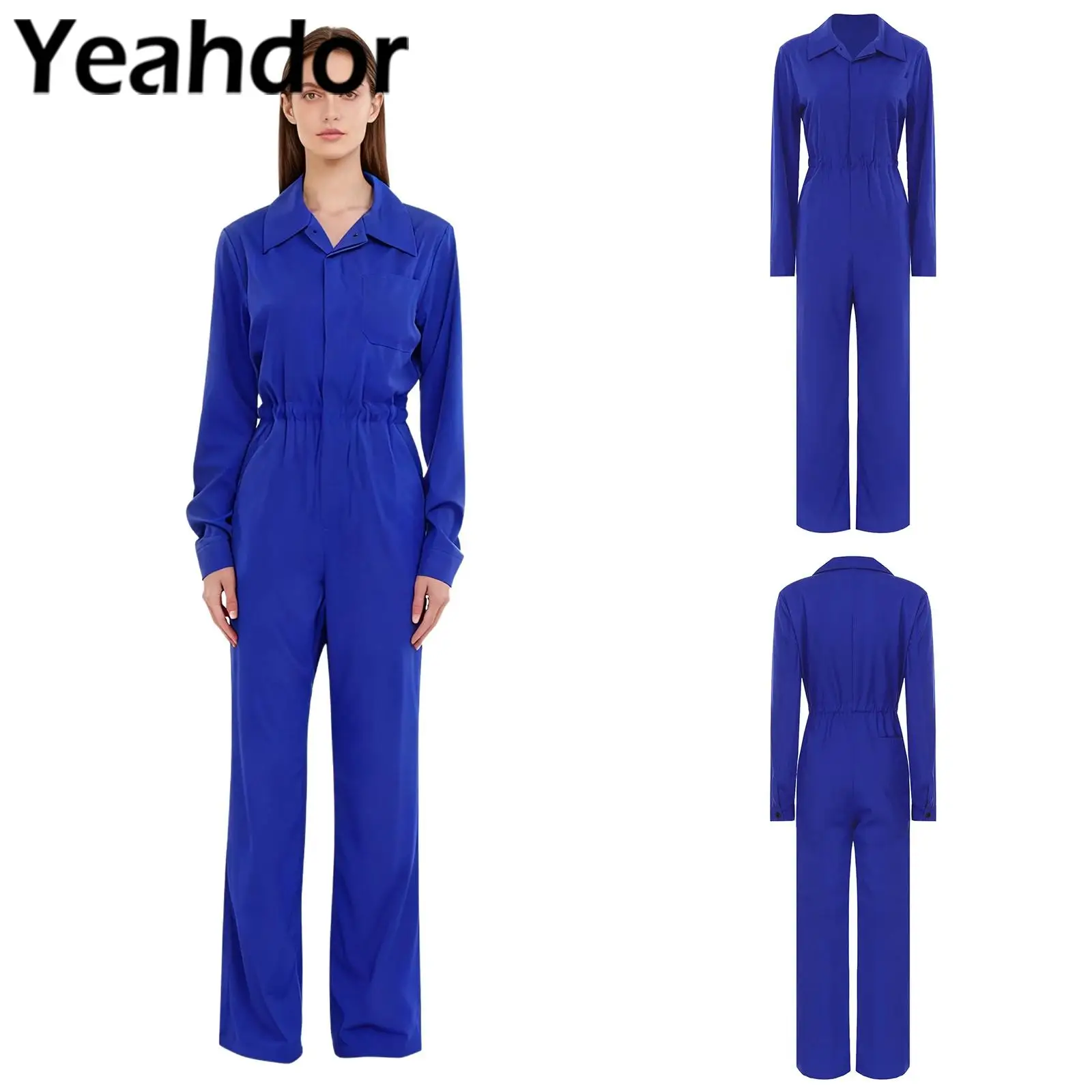 

Womens Work Jumpsuit Fashion Button Coverall Casual Turn Down Collar Long Sleeve Romper Overall Stylish Coverall for Daily Wear