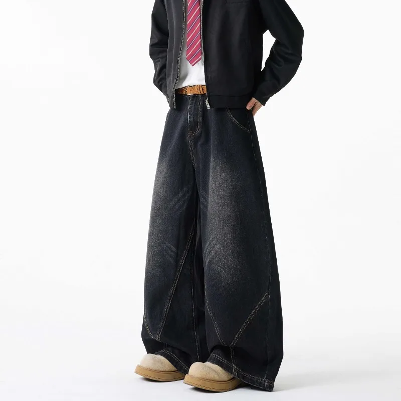 Men's Retro Baggy Jeans 2026 American Style Washed Deconstructed Wide Leg Casual Hip Hop Street Oversized Denim Trousers