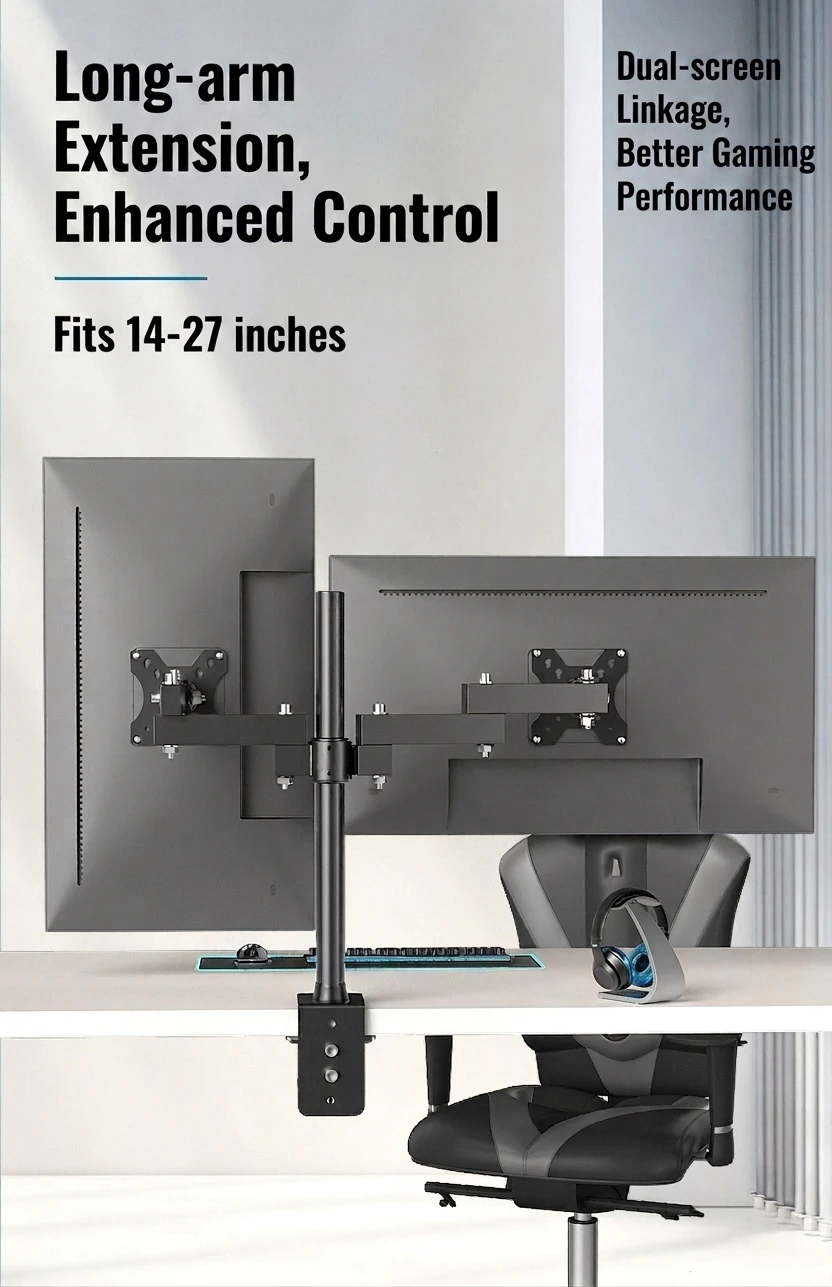 Dual Monitor Arm Desk Mount 14-27 Inch Double Screen Monitor Stand Each Screen Full Motion 360° Rotate ±45° Tilt VESA XD50