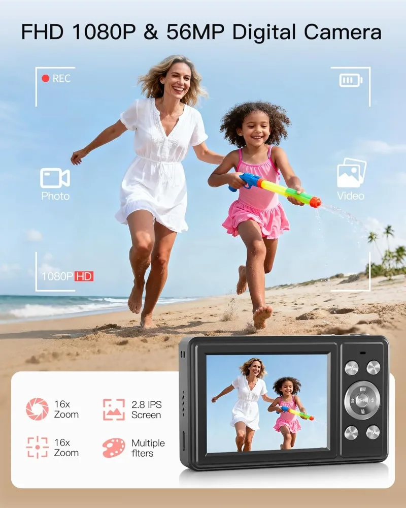 كاميرا رقمية، كاميرا FHD 1080P Point and Shoot مع بطاقة SD سعة 32 جيجابايت، بطاريتين، تكبير 16X، مضادة للاهتزاز، مدمجة للطلاب