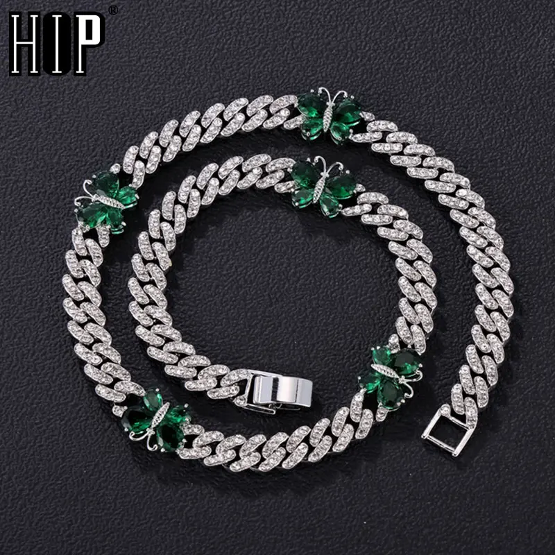 HIP HOP 9MM/10MM/13MM Cuban Link Chain With Green Butterfly Shape Stones Iced Out Rapper Necklaces For Men Women Choker Jewelry