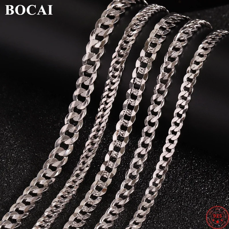 

BOCAI S925 Sterling Silver Necklaces for Women Men Horizontal Stripes Engraved Pattern Plated Platinum Cowboy Chain Necklet