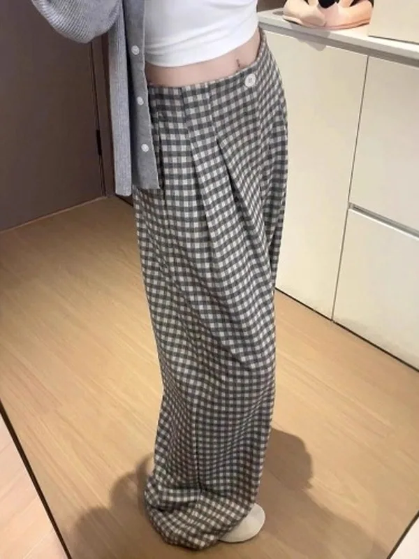

Женские брюки с высокой талией в клетку, широкие, свободные, в пол, для весны и осени, повседневные, из полиэстера