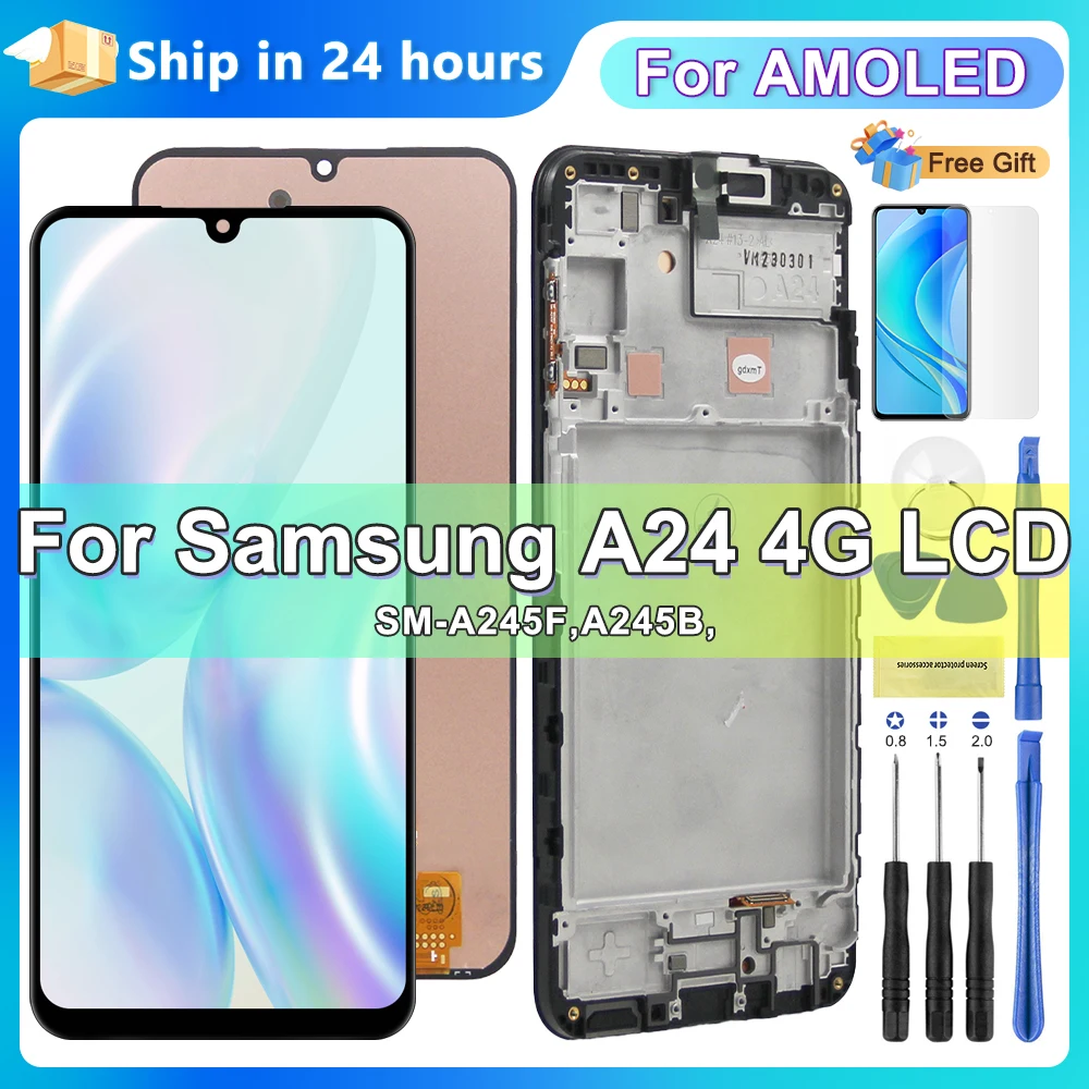 AMOLED For Samsung A24 4G With Frame, For Samsung Galaxy A245 SM-A245F A245M LCD Display Touch Screen Digitizer Assembly LCD