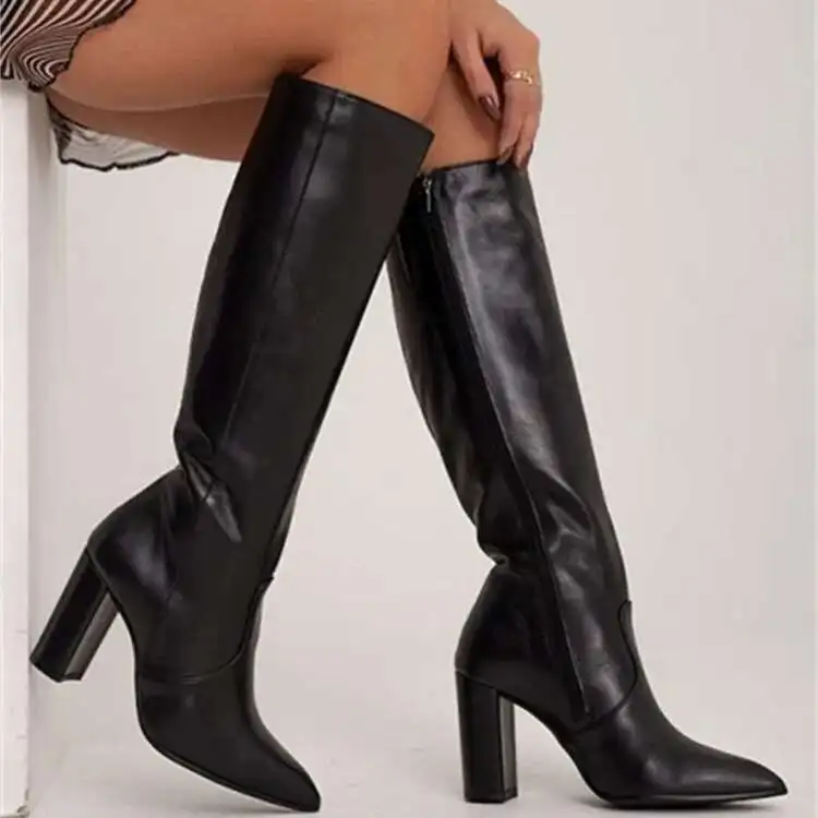 

Western Knee Boots In Black High Heels Big Size Shoes Side Zip Pointed Boots Botas Mujer