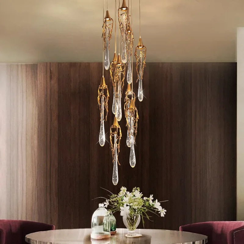 

Modern Brass Crystal Chandelier Lighting Copper Pendant Hanging Light Luxury Glass Drops Chandelier Lighting Restaurant Lighting