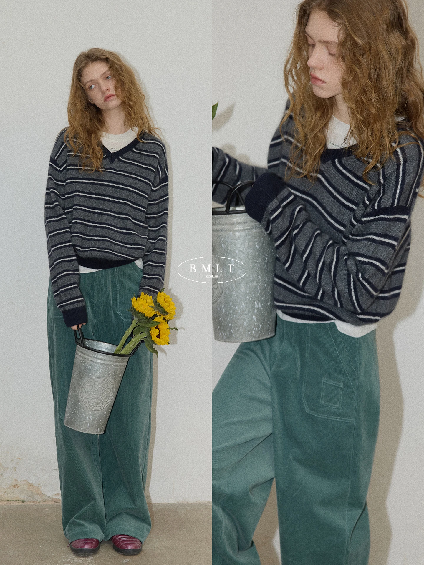 

Женская свободная футболка с длинным рукавом и V-образным вырезом в полоску, в корейском стиле, повседневная, для отдыха, удобная, дышащая, из смесового полиэстера