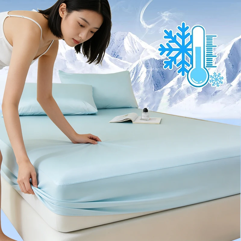 

Grade A Summer Bed Sheet Ice Silk Queen Fitted Sheet Mother and Baby Level Safety Cooling Feel Bedsheet Mattress Cover Bed Linen