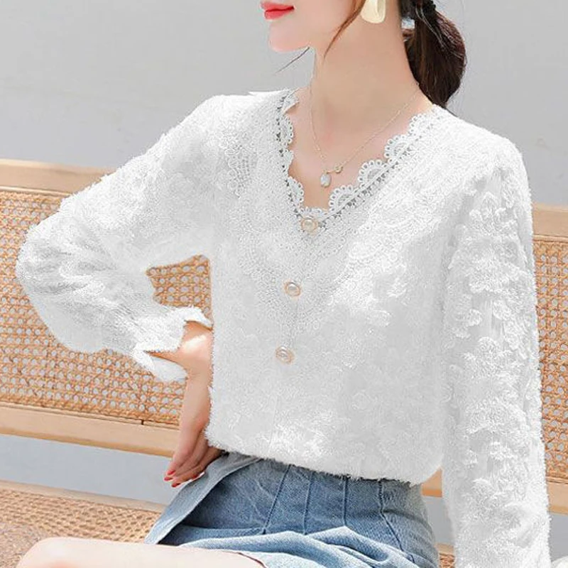 2023 Autumn Winter Women Lace Beaded Chic Sweet Fairy Blouses Fashion Elegant Solid Plush Shirts Female V Neck Long Sleeve Tops