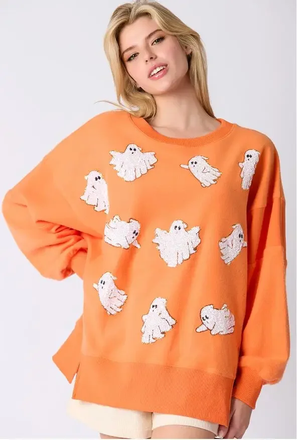 Women's Cute Halloween Sweatshirts Sequin Spooky Ghost Graphic Oversized Pullover Crewneck Long Sleeve Sweater Tops Festival