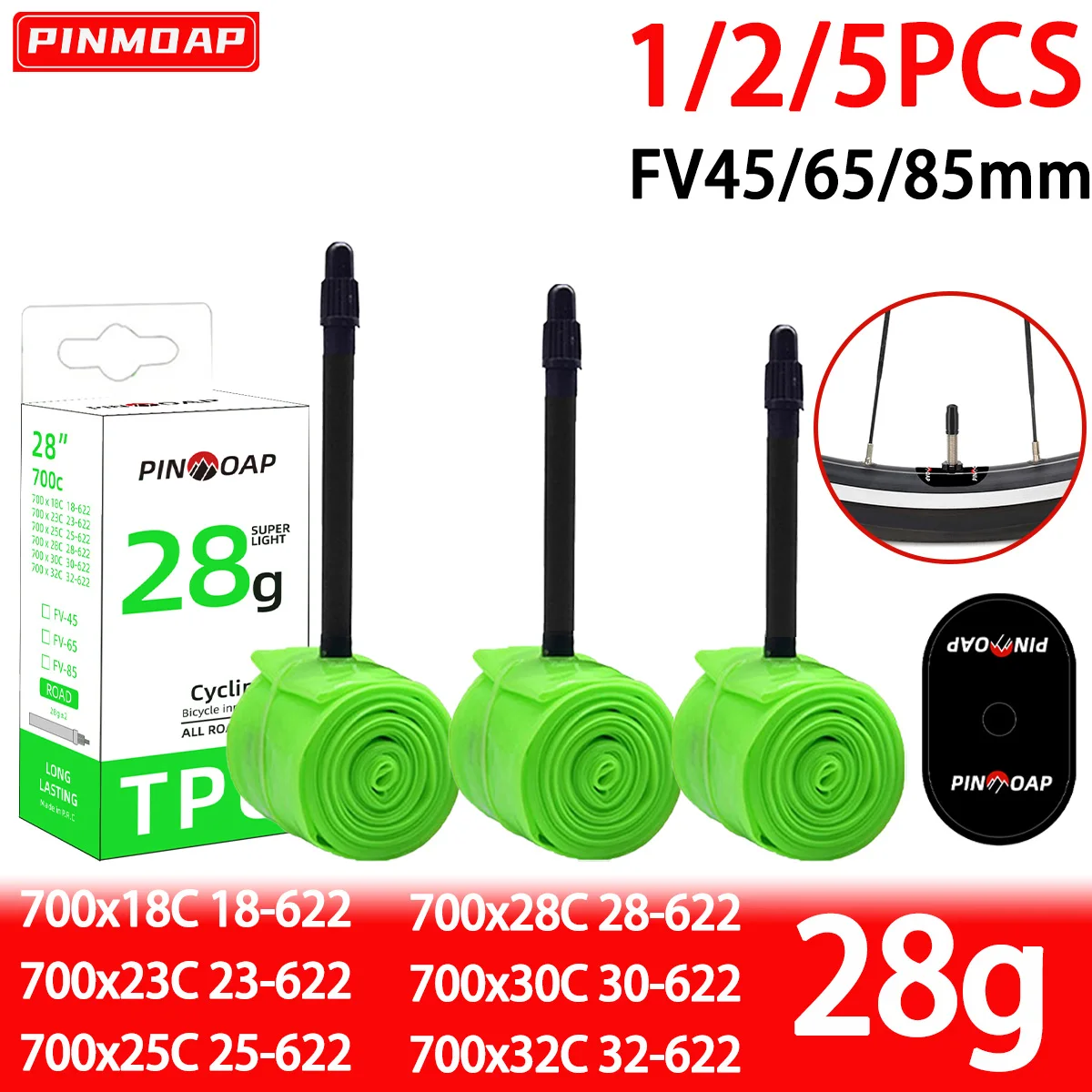 

PINMOAP Road Bicycle TPU Inner Tube 28G Ultra Light 700x18/23/25/28/30/32C FV45/65/85mm French Air Nozzle Bicycle Accessories