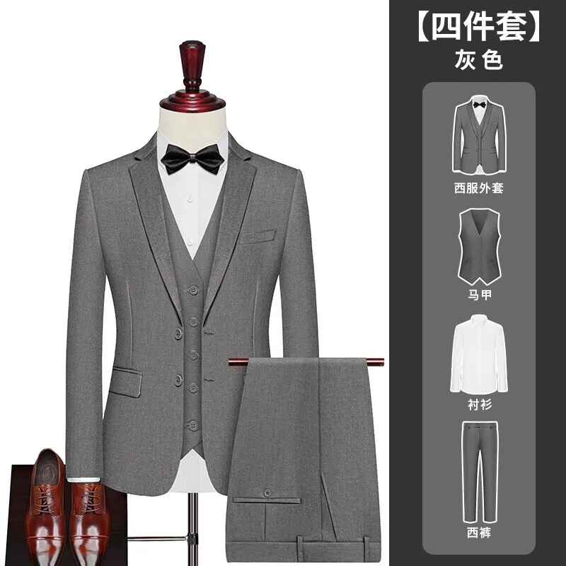 بدلة (سترة + سترة + بنطلون + قميص) ملابس عمل عصرية للرجال بلون سادة للرجال، بدلة أداء غير رسمية #2