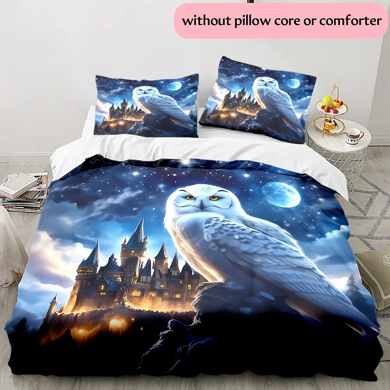 1 Set Anime-Themed Magic Academy Castle & Owl Design Bedding, 3D Digital Print, All-Season Polyester Quilt Cover & 2 Pillowcases