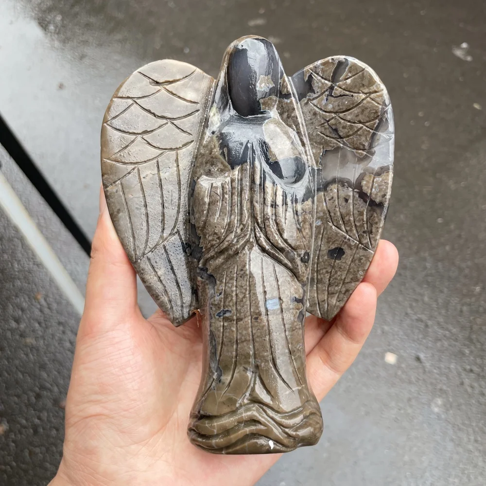 Natural Volcanic Agate Praying Angel Sculpture Crystal Guardian Angel Stone Ornament Meditation Home Decoration Gift