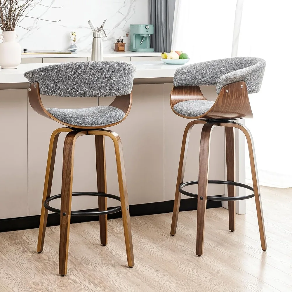 

29.5" Swivel Bar Height Barstools Set of 2,Mid Century Modern Retro Bar Chairs Gray Fabric Upholstered Bar Stools with Walnut W