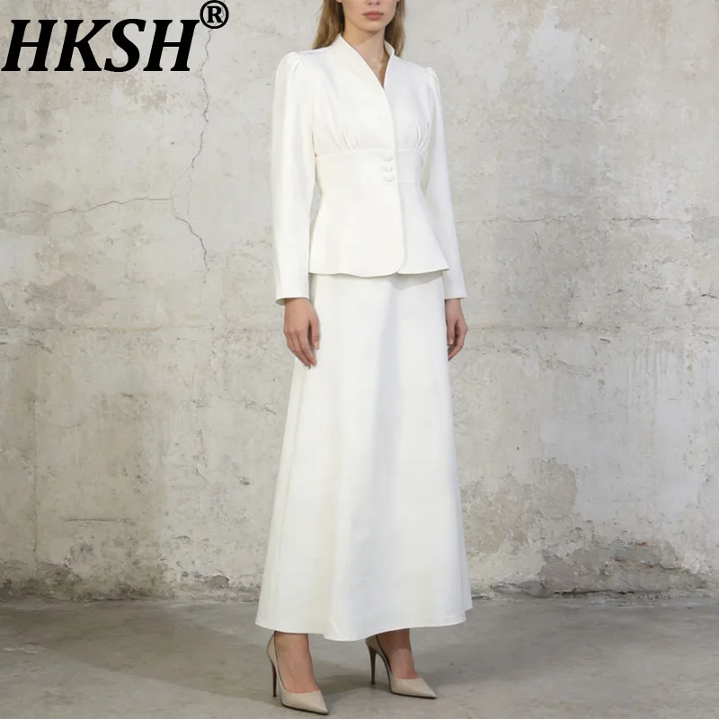 HKSH Lente Herfst Nieuwe Vrouwen Tweedelige Set Elegante V-hals Single Breasted Taille Cinching Jas Effen Kleur A-lijn Rok HK18149