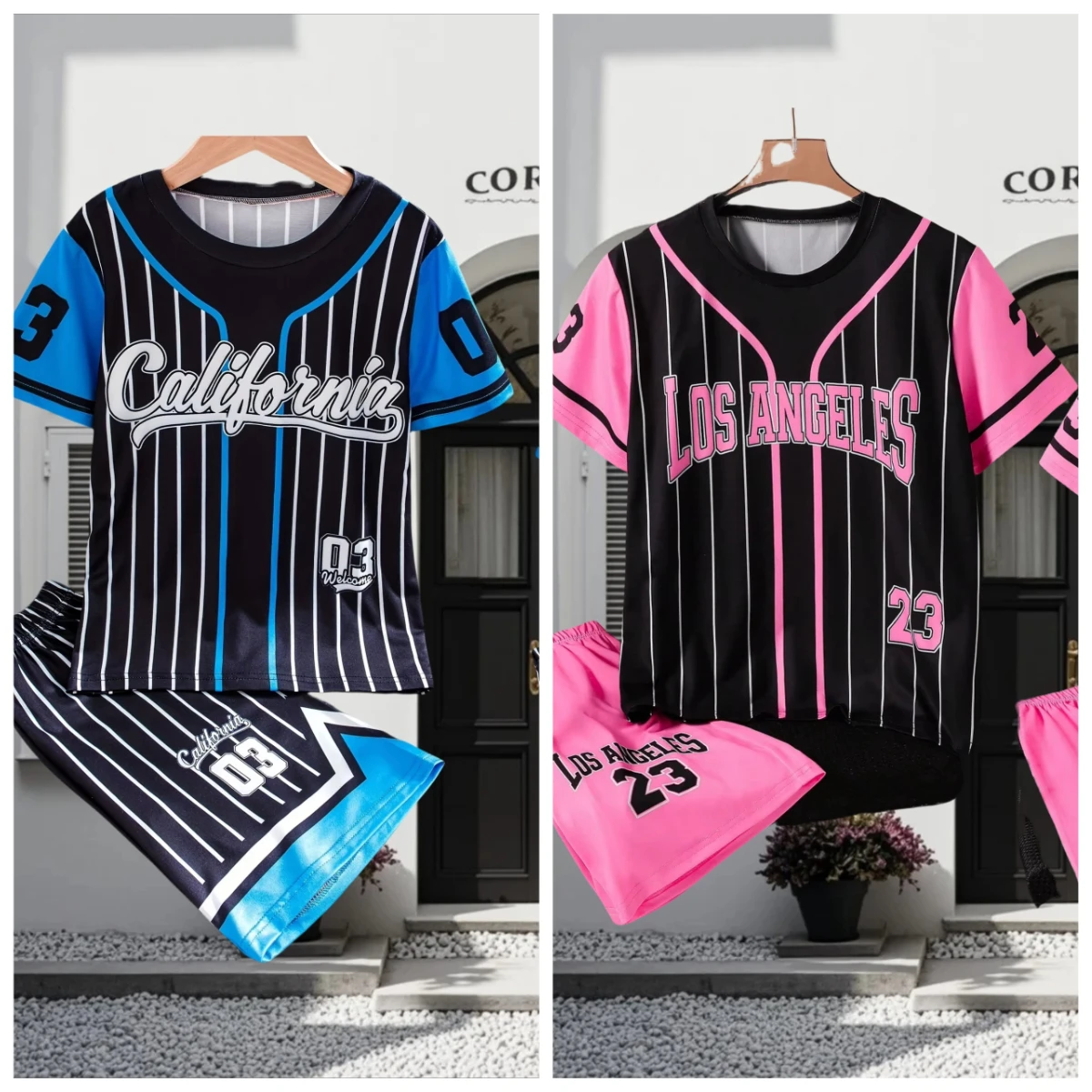 

2025 летний новый мужской детский комплект для спорта на открытом воздухе, быстросохнущий бейсбольный стиль, 23 буквы в полоску Лос-Анджелеса с круглым вырезом и короткими рукавами