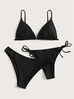 Bikini negro, traje de baño extremo, traje de baño triangular Sexy con cordón, conjunto de Bikinis de 3 piezas, traje de baño para mujer, Tangas de playa, Bikinis femeninos