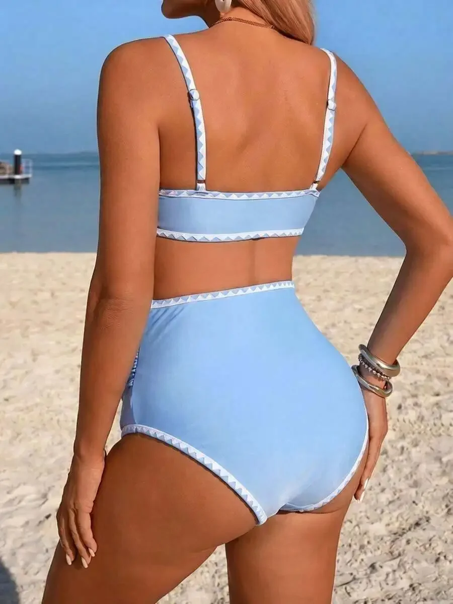 High Waist Bikini Set With Geometric Trim Blue Solid Color Beach Swimwear For Women