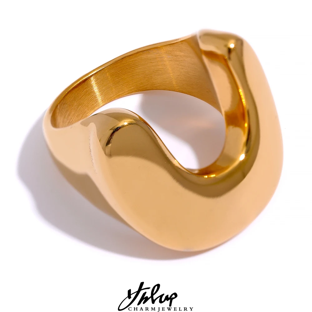 Yhpup Statement U Shape Metal Stainless Steel 18K Gold Color Texture Ring Personalized Fashion Unique Waterproof Charm Jewelry