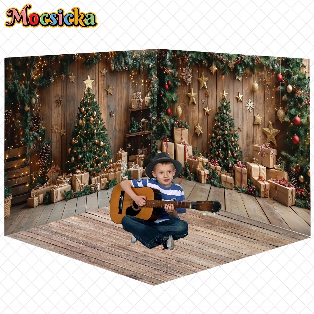 

Mocsicka Christmas Tree Backdrop Photography Wooden Wall Floor Decorations New Year Party Adult Children Photo Background Banner