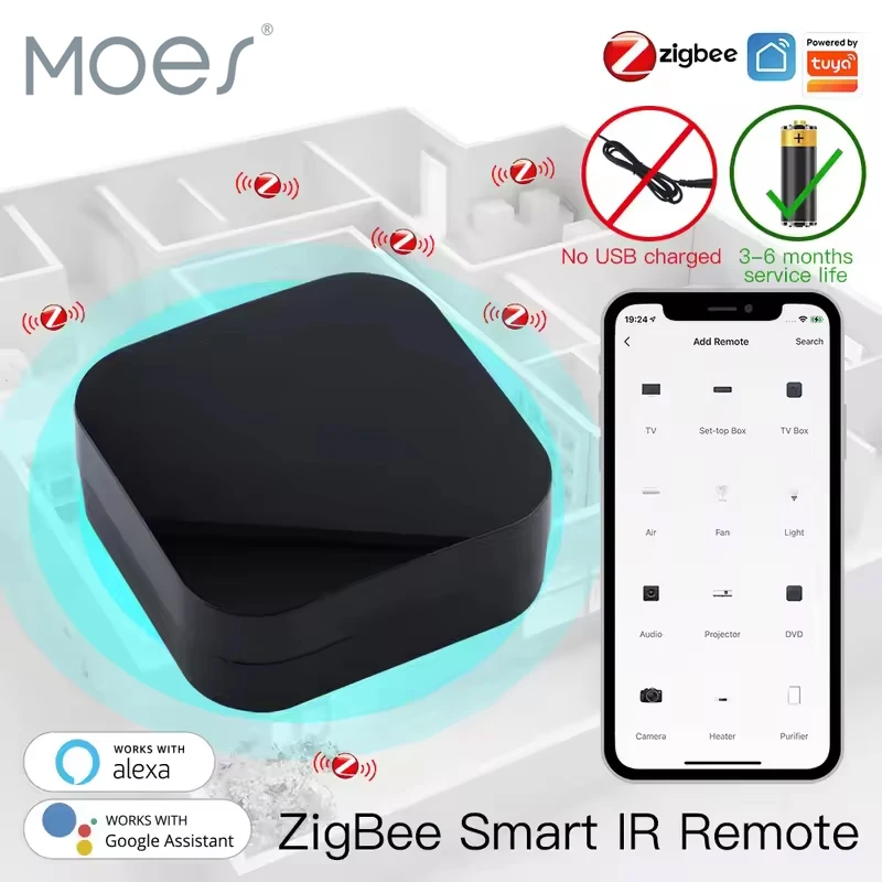 

MOES Tuya ZigBee 3.0 Умный ИК-пульт дистанционного управления Универсальный инфракрасный пульт дистанционного управления для умного дома работает с Alexa Google Home