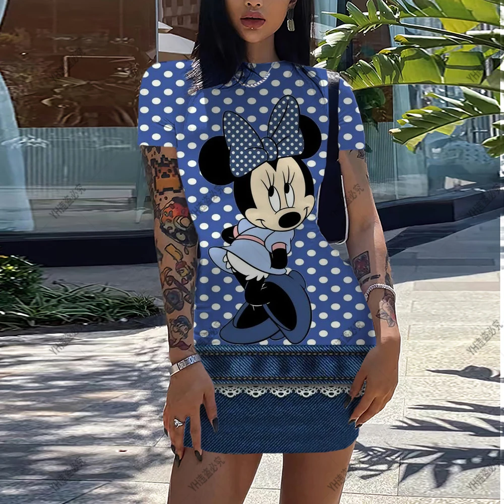 Disney-Vestidos de Mickey Mouse para mujer, minivestido elegante ajustado de oficina con cuello redondo, informal, estampado 3D de dibujos animados, Verano