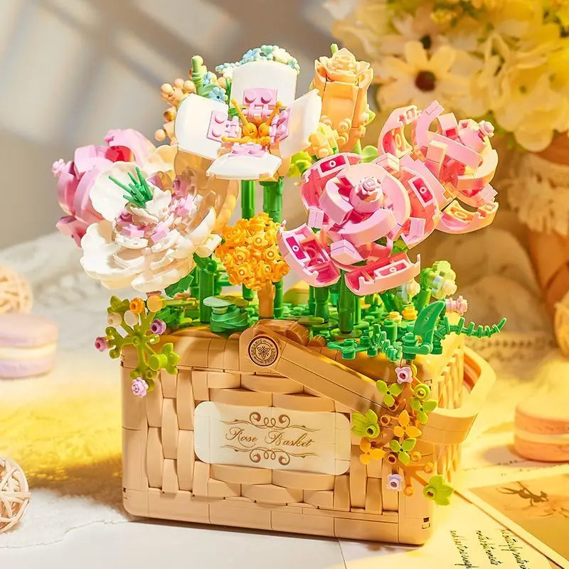 1177PCS Rose Flowers Basket Building Blocks Toys Eternal Flowers with Lights Mini Blocks Toys for Girls Valentines's Day Gifts
