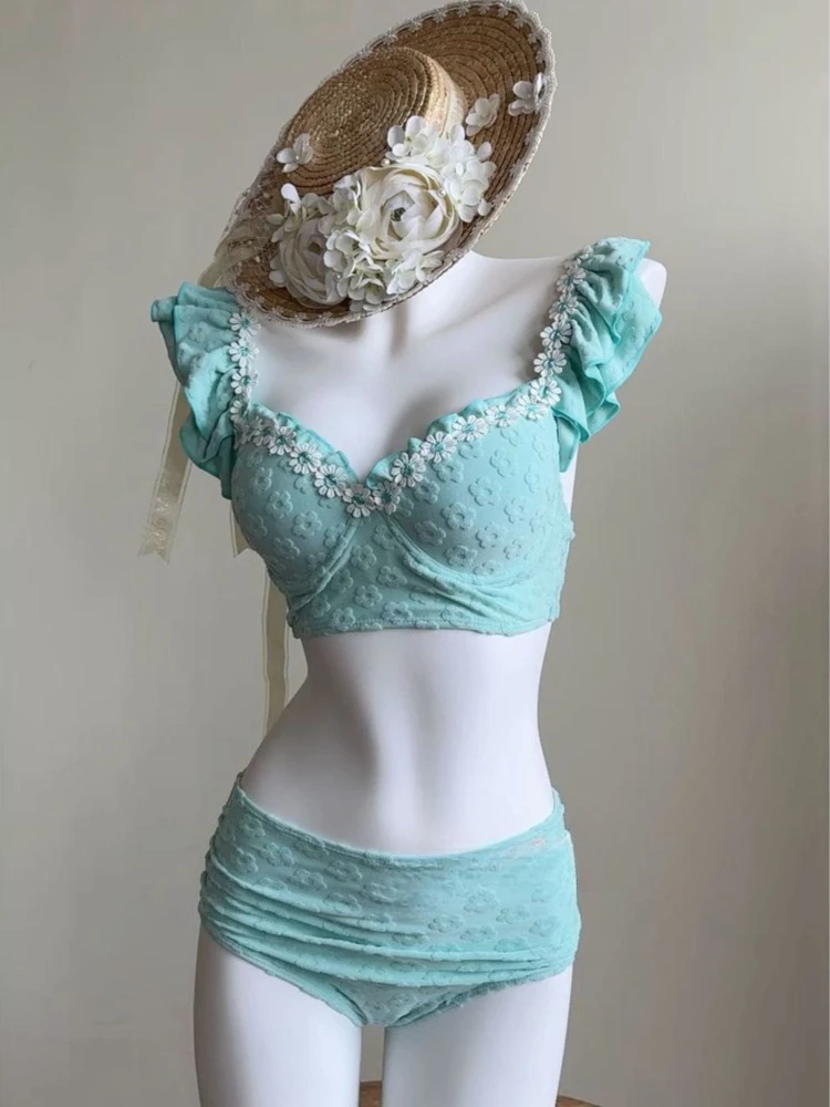 

France Elegant Vintage Solid Color Bikini Set Women Sweet Spiece Fashion Summer Swimwear Sexy Hot Girl Beach Outfits Style New