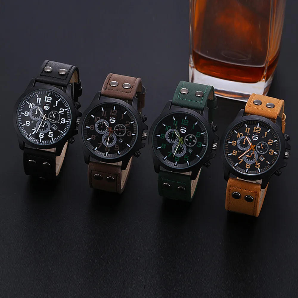 Military Leather Waterproof Date Quartz Analog Men\'s Quartz Wrist Watches