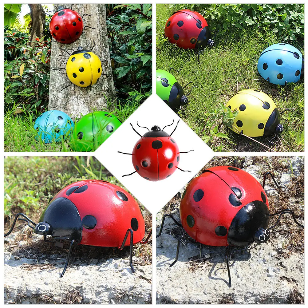 1Pcs Large Simulation Ladybug Iron Pendant Garden Yard Ornament Outdoor Decor Craft Colorful Metal Ladybug Gift for Lawn Pond