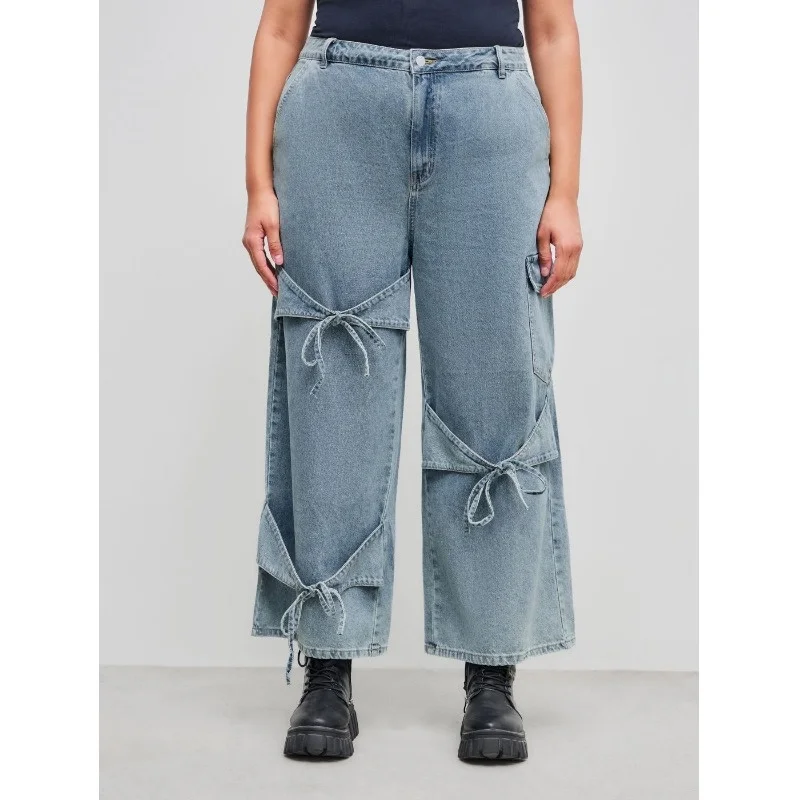 Women's Loose Fit Denim Jeans Elastic Waistband Casual Wide Leg Pants Large Size Versatile Simple Design with Pocket Unique Styl view 3
