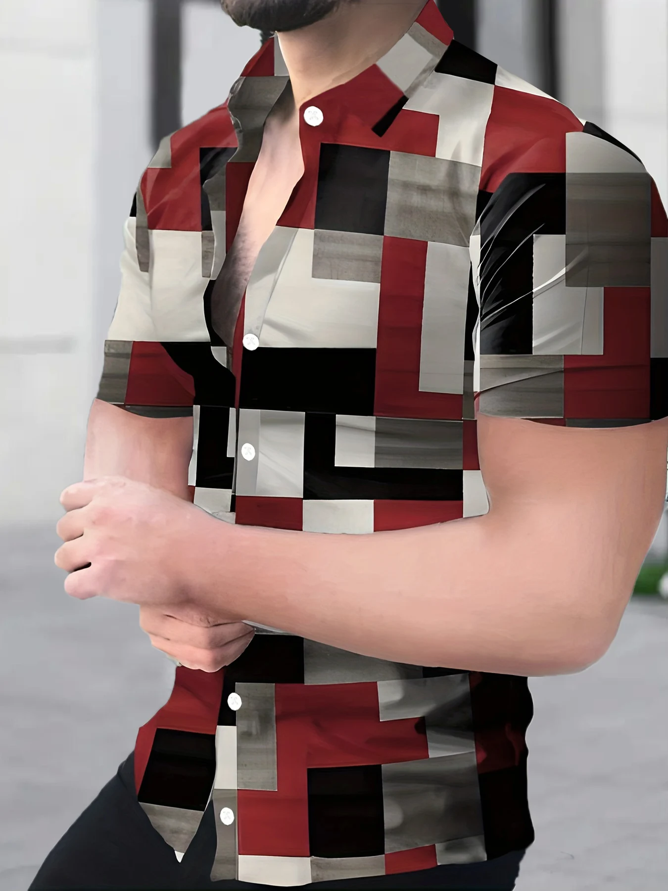

Men's 2 Piece Outfits, Geometric Color Block Cuban Collar Shirt & Drawstring Shorts Set