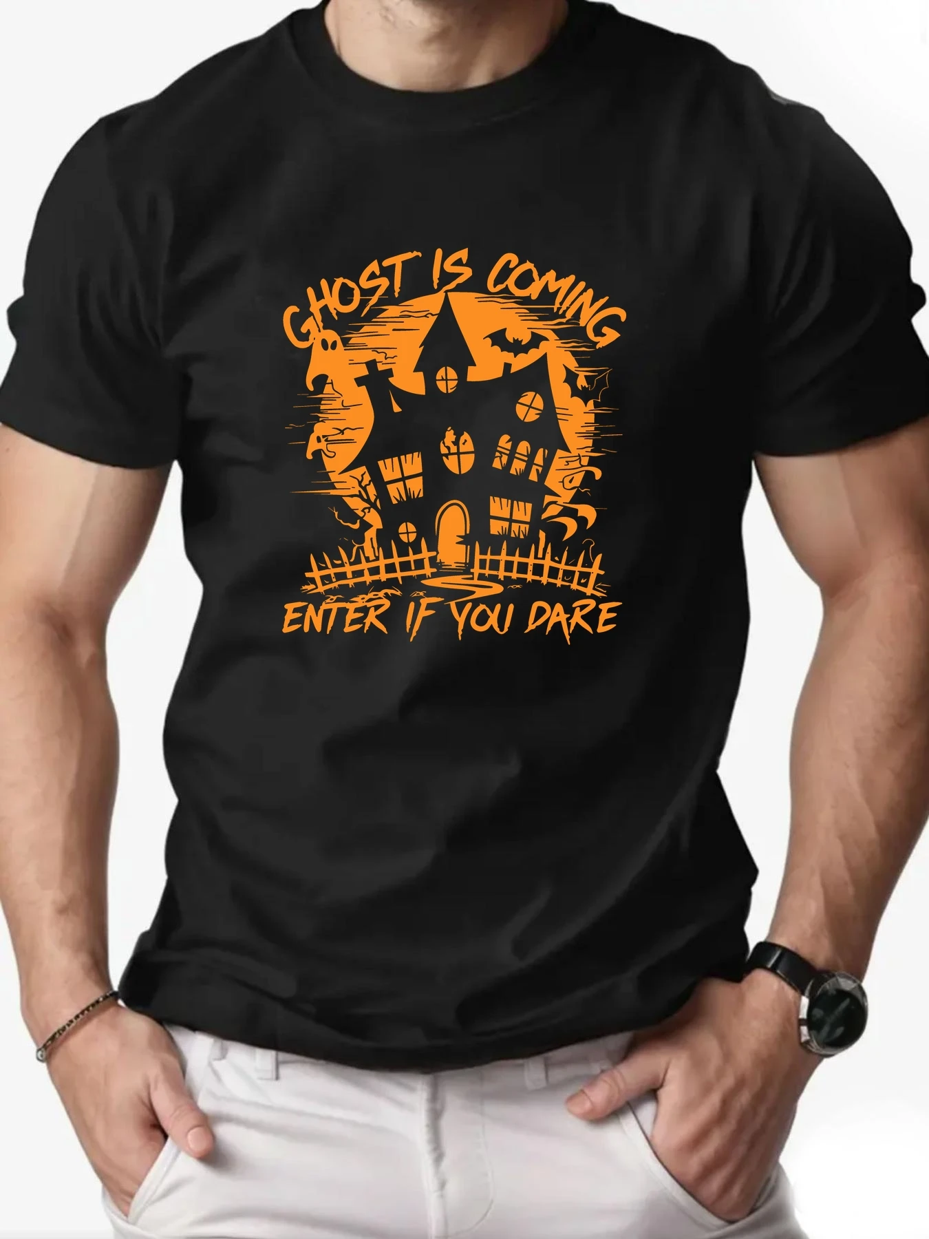 

Men T-Shirt 100% Cotton Halloween Houses Pattern Print Summer Round Neck Breathable Short Sleeve Casual Large Size Loose Tee
