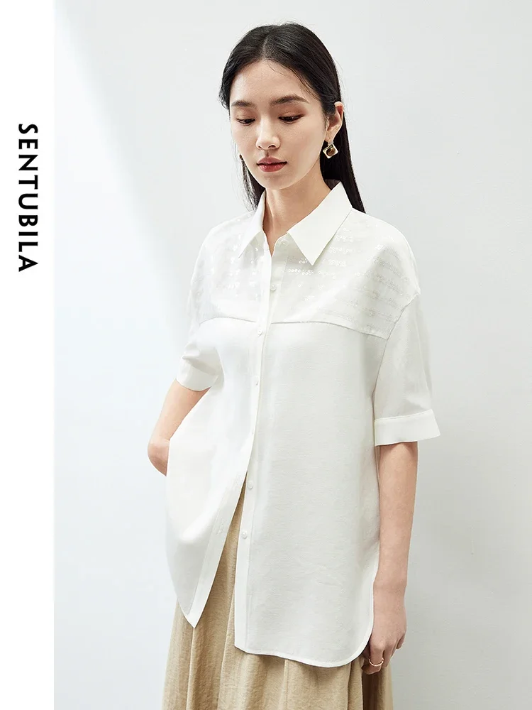 

SENTUBILA Wool Blend Spliced Sequins White Shirt 2024 Summer Solid Polo Collar Button Up Short Sleeve Blouses Women 142C53817