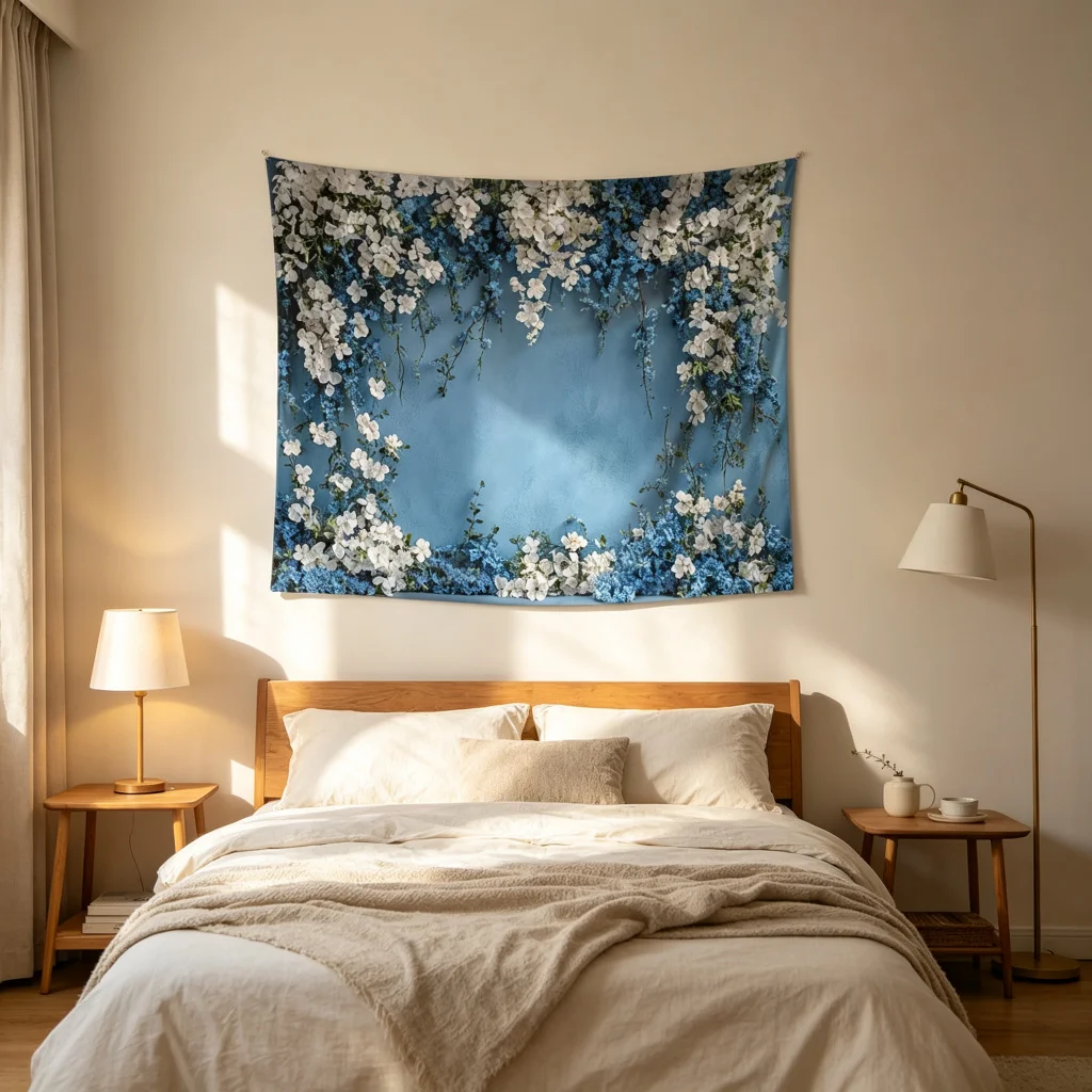 1PC Blue Flower Wall Print Backdrop Banner, Bedroom Living Room Photo Background, Polyester Wall Hanging, Home Decor, Wall Art
