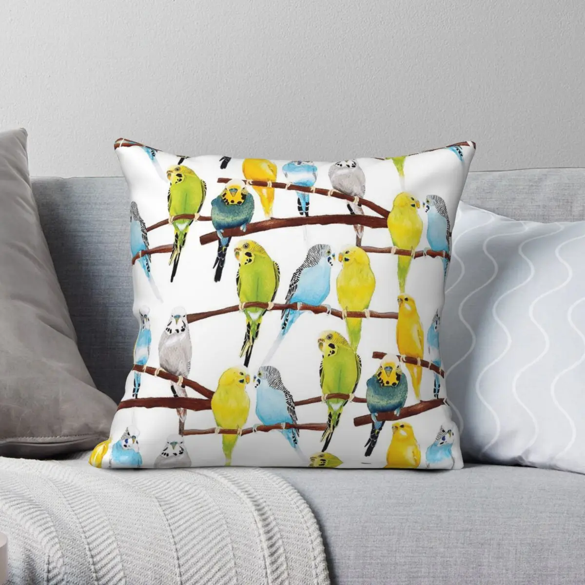 Budgie Watercolour Square Pillowcase Polyester Linen Velvet Pattern Zip Decorative Throw Pillow Case Seater Cushion Cover 45x45