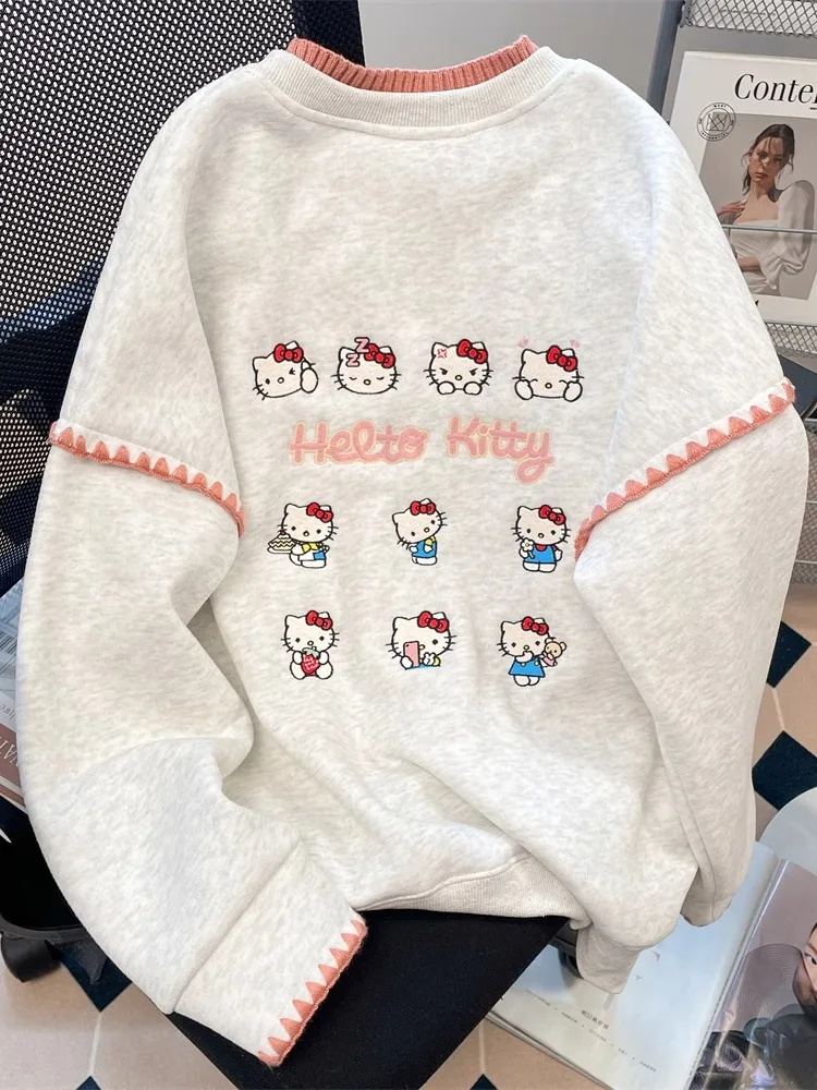 

Толстовка HelloKitty с круглым вырезом и вышивкой для мужчин и женщин, уменьшающая возраст, искусственный двухсекционный цветной топ с бархатным топом