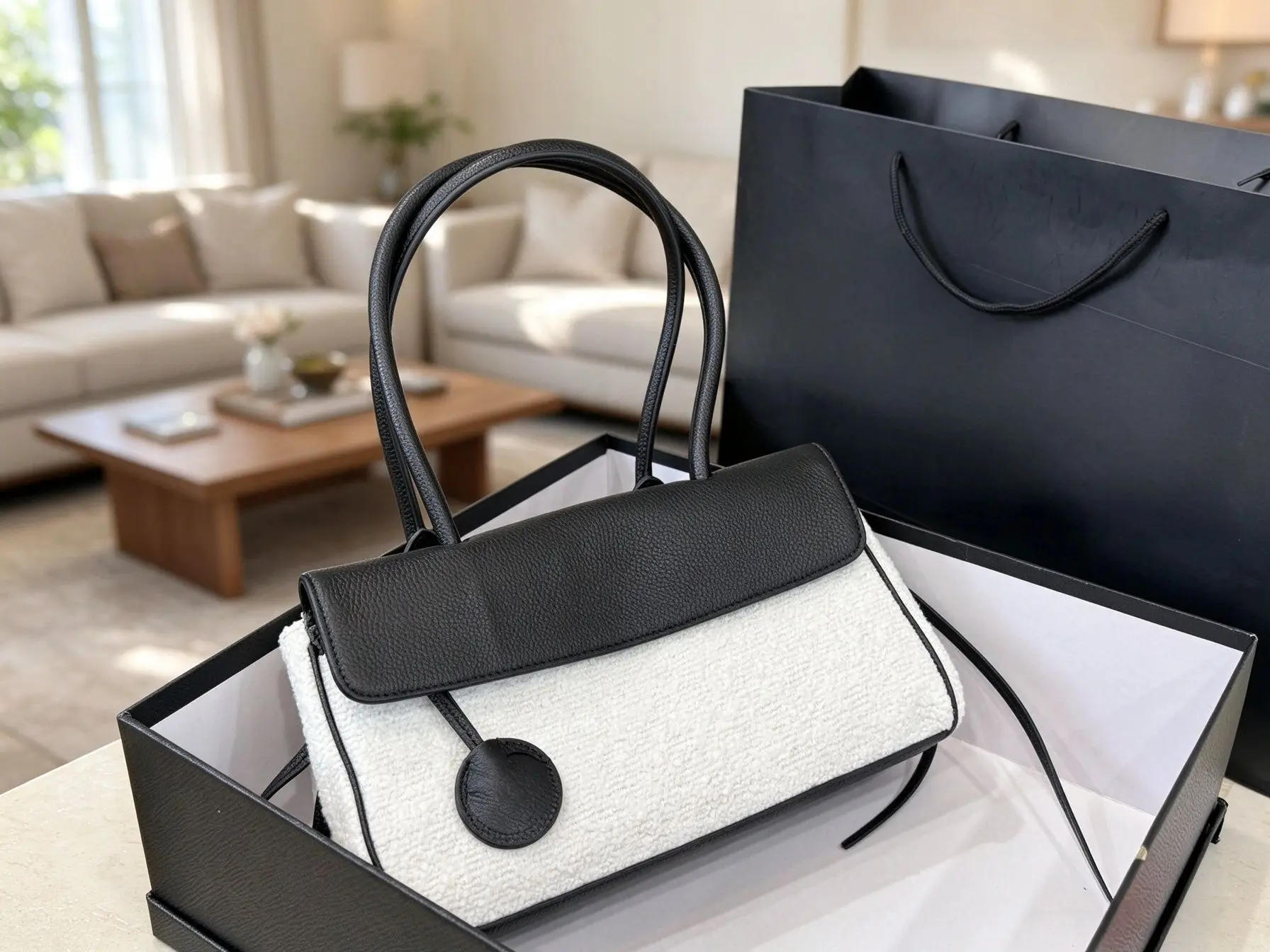 Women Elegant Rectangular Flap Handbag Tweed Leather Mix Material Casual Shopping Shoulder Bag